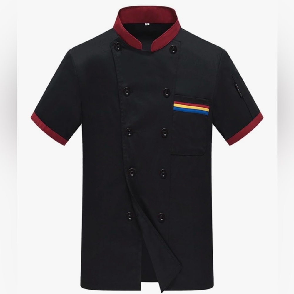 Black Chef Jacket with Red Trim and Multicolor Pocket